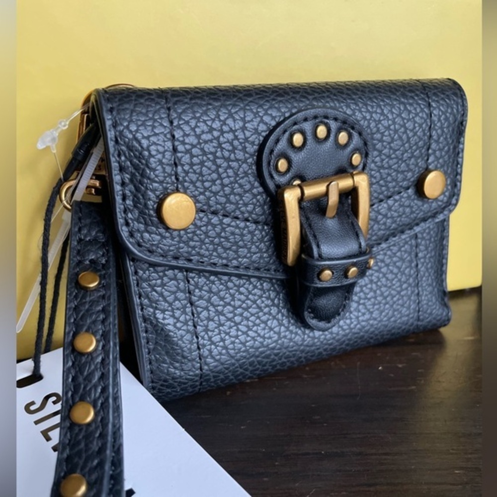Steve Madden Black Leather Wristlet with Gold Accents